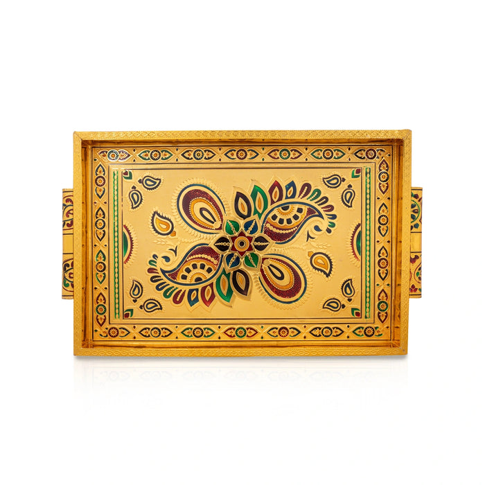 Pooja Tray - 18 x 12 Inches | Wooden Plate/ Gold Polish Thali Tray/ Meenakari Design Plate for Home/ 1.140 Kgs - Pooja Plate & Tray