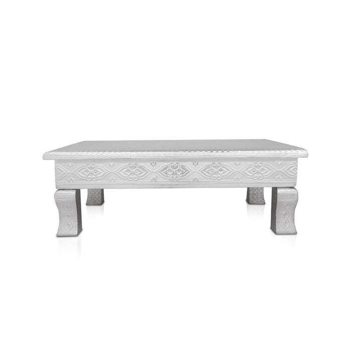 Pooja Chowki - 2.5 x 15 x 15 Inches | Wooden Bajot/ Silver Polish Patla/ Manai Palagai for Home - Pooja Aasan & Bajot & Pooja Mat