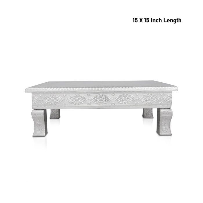 Pooja Chowki - 2.5 x 15 x 15 Inches | Wooden Bajot/ Silver Polish Patla/ Manai Palagai for Home - Pooja Aasan & Bajot & Pooja Mat