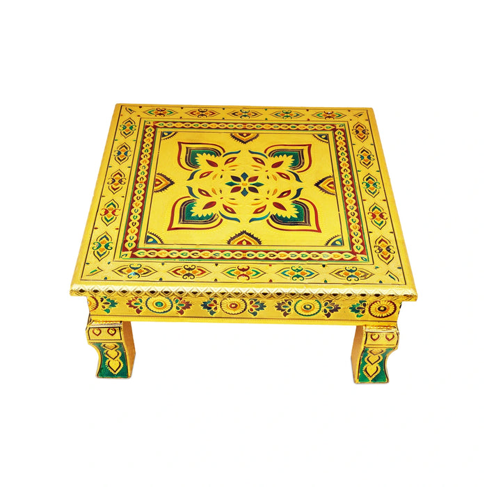 Bajot - 15 x 15 Inches | Meenakari Design Manai Palagai/ Gold Polish Chowki for Pooja - Pooja Aasan & Bajot & Pooja Mat