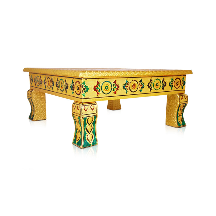 Bajot - 15 x 15 Inches | Meenakari Design Manai Palagai/ Gold Polish Chowki for Pooja - Pooja Aasan & Bajot & Pooja Mat