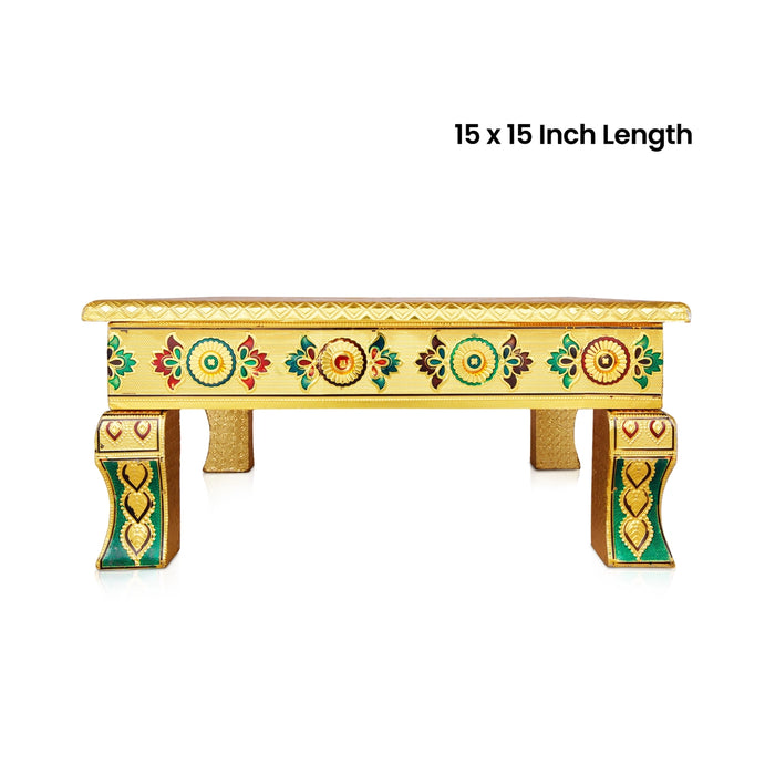 Bajot - 15 x 15 Inches | Meenakari Design Manai Palagai/ Gold Polish Chowki for Pooja - Pooja Aasan & Bajot & Pooja Mat