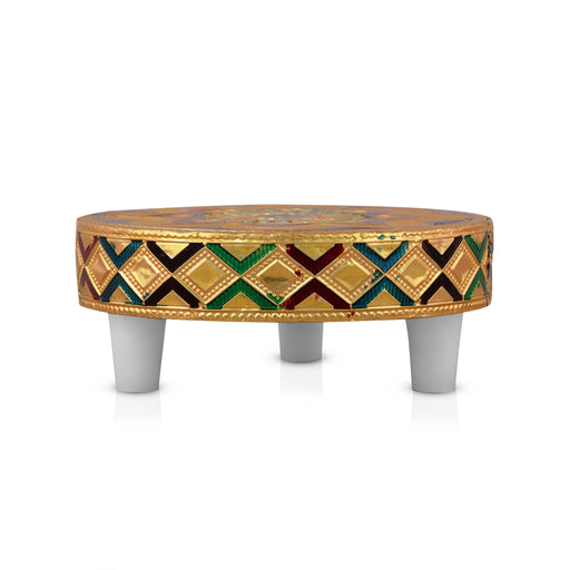 Patla Set - 3 x 3.5 Inches | 6 Pcs/ Round Meenakari Design Chowki/ Golden Polish Manai Palagai for Pooja - Pooja Aasan & Bajot & Pooja Mat