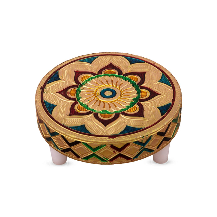 Patla Set - 3 x 3.5 Inches | 6 Pcs/ Round Meenakari Design Chowki/ Golden Polish Manai Palagai for Pooja - Pooja Aasan & Bajot & Pooja Mat