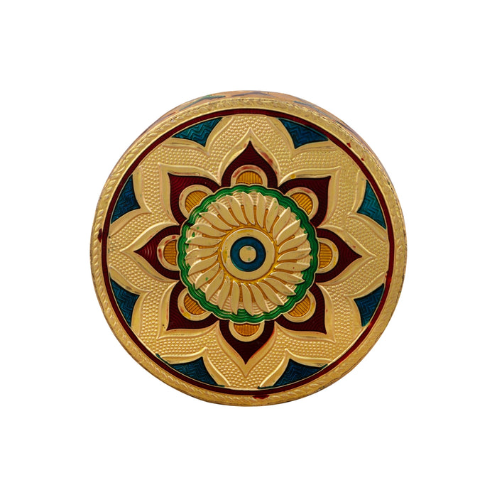 Patla Set - 3 x 3.5 Inches | 6 Pcs/ Round Meenakari Design Chowki/ Golden Polish Manai Palagai for Pooja - Pooja Aasan & Bajot & Pooja Mat
