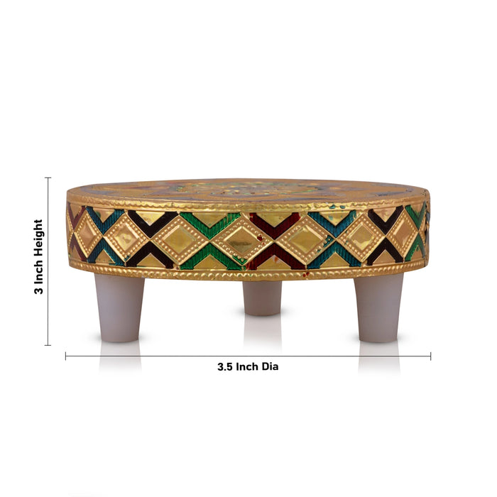 Patla Set - 3 x 3.5 Inches | 6 Pcs/ Round Meenakari Design Chowki/ Golden Polish Manai Palagai for Pooja - Pooja Aasan & Bajot & Pooja Mat