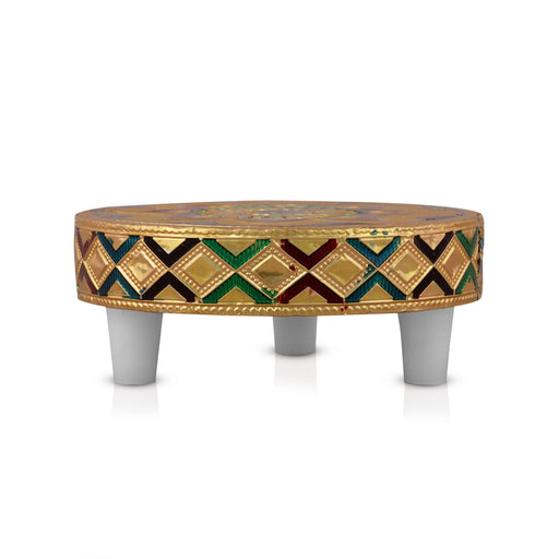 Patla Set - 4 x 4.5 Inches | 2 Pcs/ Round Meenakari Design Chowki/ Golden Polish Manai Palagai for Pooja - Pooja Aasan & Bajot & Pooja Mat