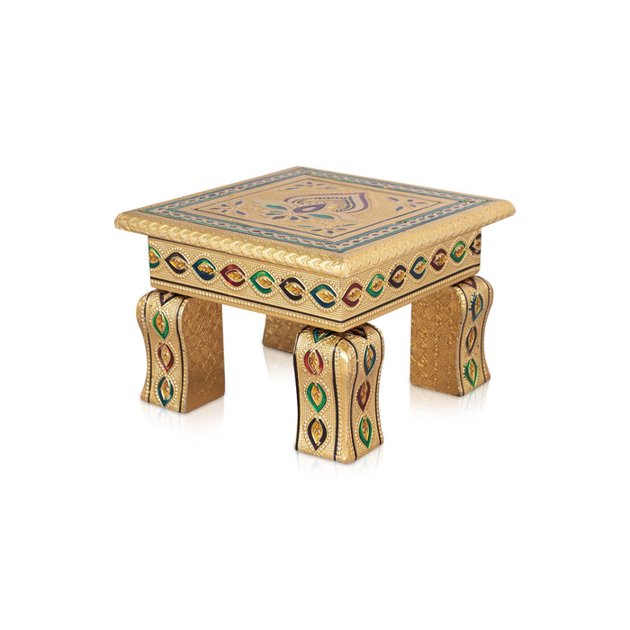 Bajot - 6 x 6 Inches | Meenakari Design Wooden Manai Palagai/ Gold Polish Chowki for Pooja