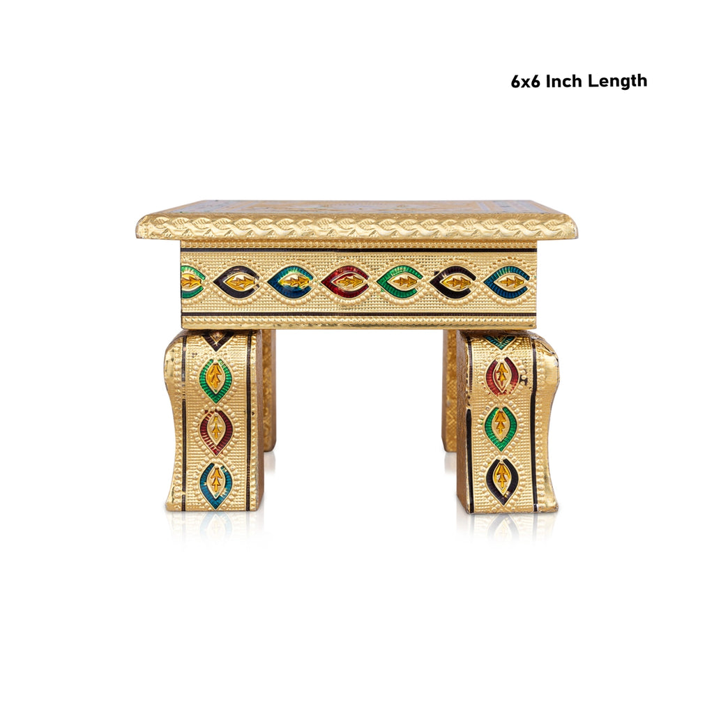 Bajot - 6 x 6 Inches | Meenakari Design Wooden Manai Palagai/ Gold Polish Chowki for Pooja