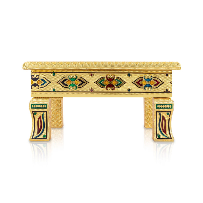 Pooja Chowki- 2.25 X 10 X 10 Inches | Wooden Bajot/ Meenakari Design Manai Palagai/Gold Polish Patla For Pooja - Pooja Aasan & Bajot & Pooja Mat