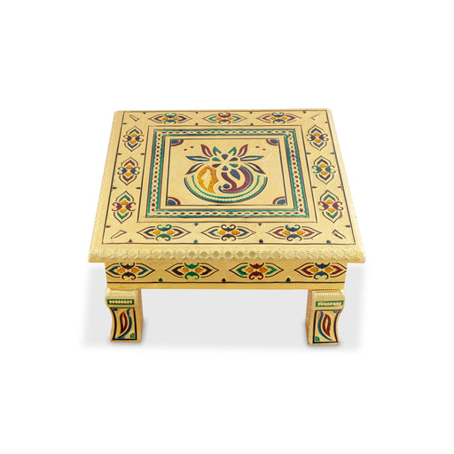 Pooja Chowki- 2.25 X 10 X 10 Inches | Wooden Bajot/ Meenakari Design Manai Palagai/Gold Polish Patla For Pooja - Pooja Aasan & Bajot & Pooja Mat