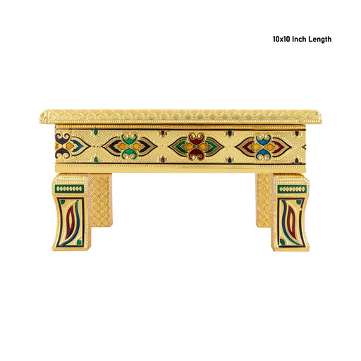 Pooja Chowki- 2.25 X 10 X 10 Inches | Wooden Bajot/ Meenakari Design Manai Palagai/Gold Polish Patla For Pooja - Pooja Aasan & Bajot & Pooja Mat