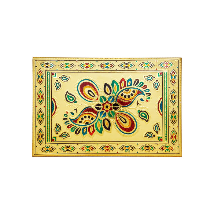 Bajot - 12 x 18 Inches | Gold Meenakari Design Manai Palagai/ Wooden Chowki for Pooja - Pooja Aasan & Bajot & Pooja Mat
