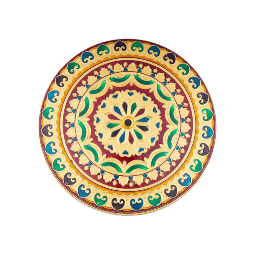 Patla - 12 x 12 Inches | Round Meenakari Design Chowki/ Golden Polish Manai Palagai for Pooja - Pooja Aasan & Bajot & Pooja Mat