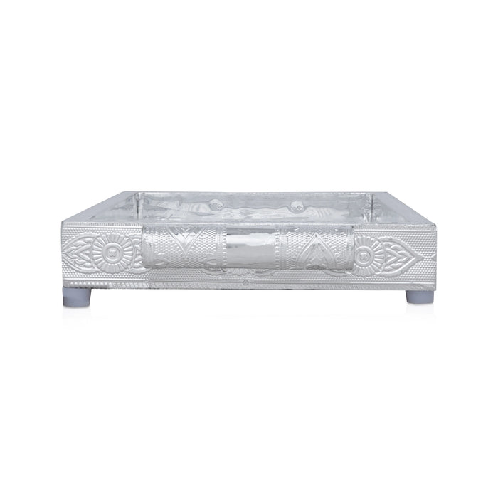 Decorative Tray - 1.5 x 10 x 7 Inches | Wooden Plate/ Silver Polish Thali Tray for Pooja/ 460 Gms Approx