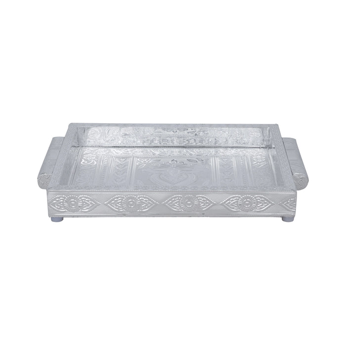 Decorative Tray - 1.5 x 10 x 7 Inches | Wooden Plate/ Silver Polish Thali Tray for Pooja/ 460 Gms Approx