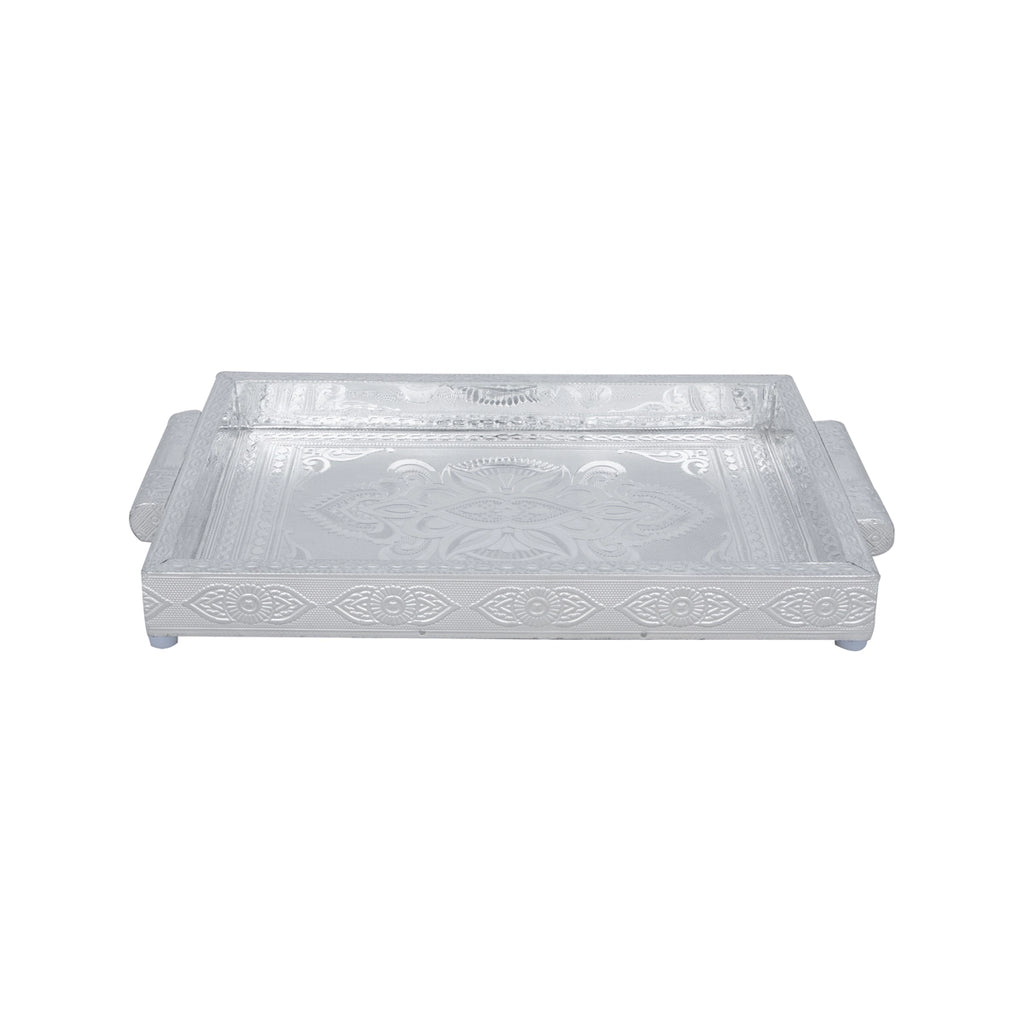 Decorative Tray - 1.5 x 12 x 8 Inches | Wooden Plate/ Silver Polish Thali Tray for Pooja/ 660 Gms Approx