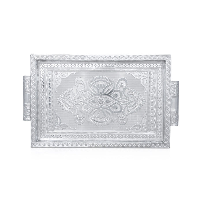 Decorative Tray - 1.5 x 12 x 8 Inches | Wooden Plate/ Silver Polish Thali Tray for Pooja/ 660 Gms Approx