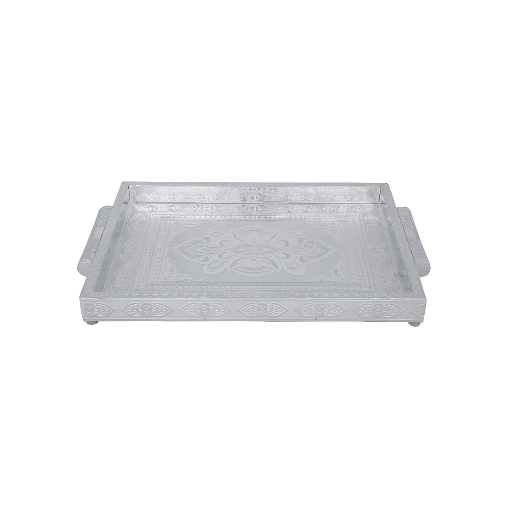 Decorative Tray - 1.5 x 14 x 10 Inches | Wooden Serving Tray/ Silver Polish Thali Plate for Pooja/ 835 Gms