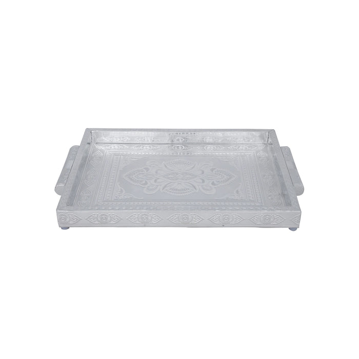 Decorative Tray - 1.5 x 14 x 10 Inches | Wooden Serving Tray/ Silver Polish Thali Plate for Pooja/ 835 Gms