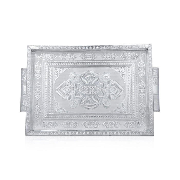 Decorative Tray - 1.5 x 14 x 10 Inches | Wooden Serving Tray/ Silver Polish Thali Plate for Pooja/ 835 Gms