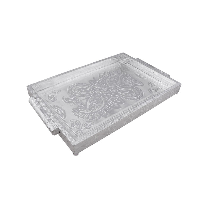 Decorative Tray - 1.5 x 16 x 11 Inches | Wooden Serving Tray/ Silver Polish Thali Plate for Pooja/ 1.150 Kgs