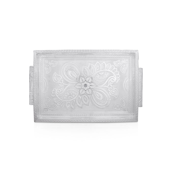 Decorative Tray - 1.5 x 16 x 11 Inches | Wooden Serving Tray/ Silver Polish Thali Plate for Pooja/ 1.150 Kgs