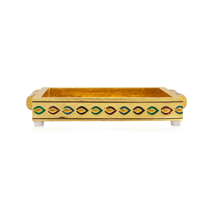 Pooja Tray - 7 x 5 Inches | Thali Tray/ Wooden Plate/ Gold Polish Meenakari Design Plate for Home/ 345 Gms Approx - Pooja Plate & Tray