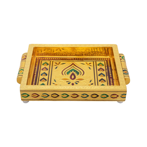Pooja Tray - 7 x 5 Inches | Thali Tray/ Wooden Plate/ Gold Polish Meenakari Design Plate for Home/ 345 Gms Approx - Pooja Plate & Tray
