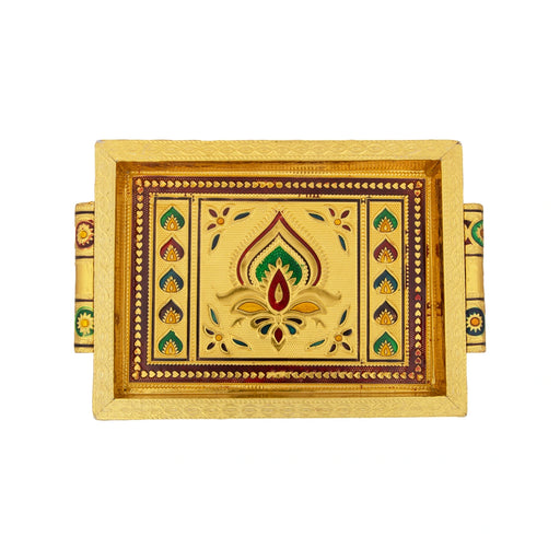 Pooja Tray - 7 x 5 Inches | Thali Tray/ Wooden Plate/ Gold Polish Meenakari Design Plate for Home/ 345 Gms Approx - Pooja Plate & Tray