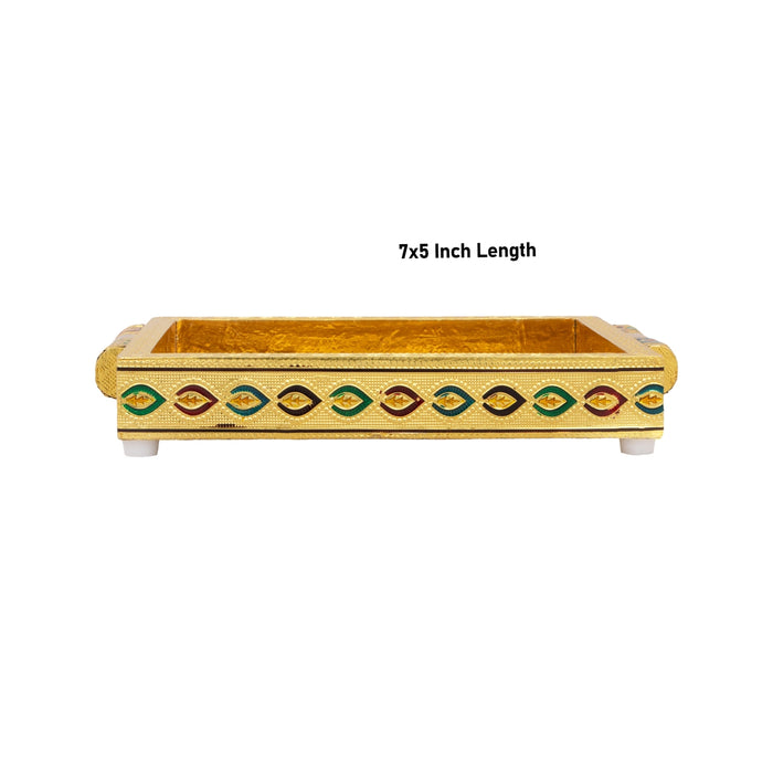 Pooja Tray - 7 x 5 Inches | Thali Tray/ Wooden Plate/ Gold Polish Meenakari Design Plate for Home/ 345 Gms Approx - Pooja Plate & Tray