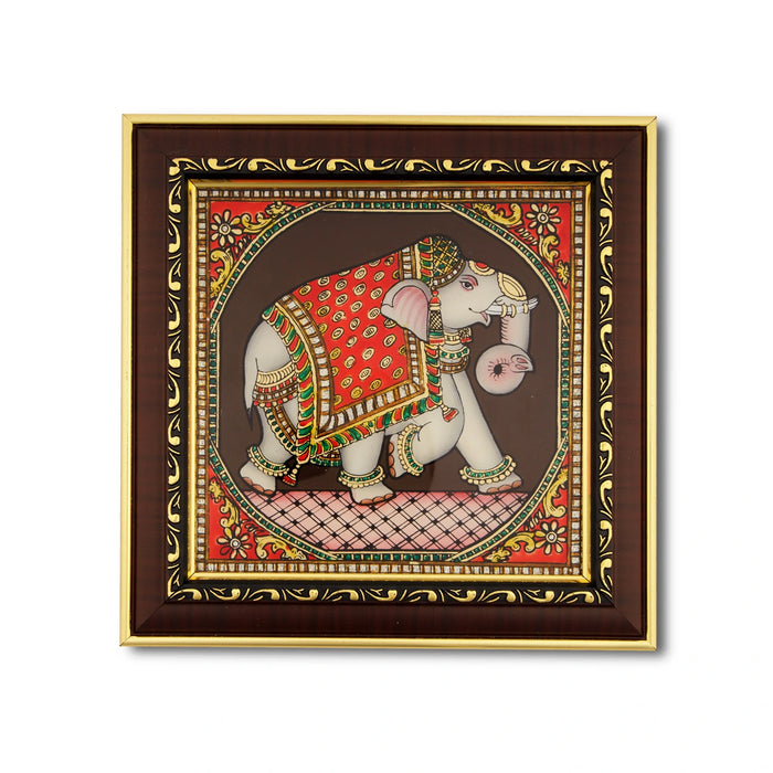 Elephant Design Tanjore Glass Painting Photo Frame - 8 x 8 Inches | Thanjavur Glass Painting Wall Decor - Hindu God Photos & Frames