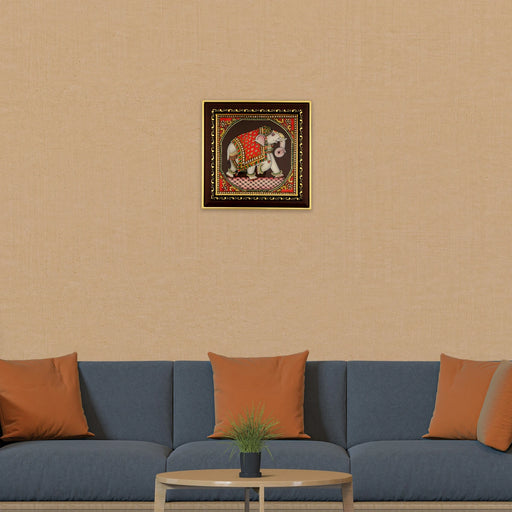 Elephant Design Tanjore Glass Painting Photo Frame - 8 x 8 Inches | Thanjavur Glass Painting Wall Decor - Hindu God Photos & Frames