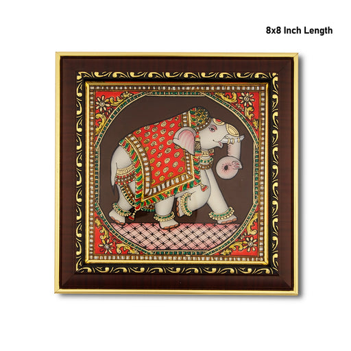 Elephant Design Tanjore Glass Painting Photo Frame - 8 x 8 Inches | Thanjavur Glass Painting Wall Decor - Hindu God Photos & Frames