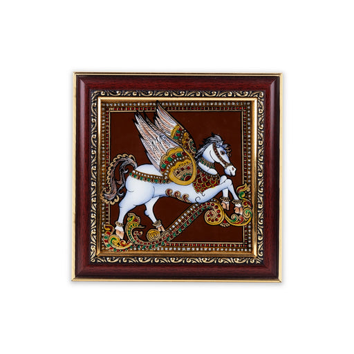 Horse Design Tanjore Glass Painting Photo Frame - 8 x 8 Inches | Thanjavur Glass Painting Wall Decor - Hindu God Photos & Frames