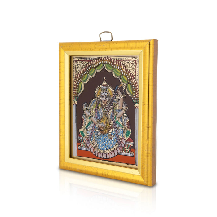 Saraswati Murti Tanjore Glass Painting Photo Frame- 6 X 5 Inches | Thanjavur Glass Painting Wall Picture Frame - Hindu God Photos & Frames