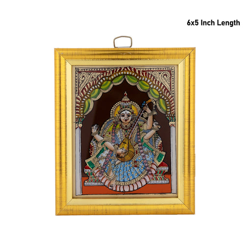 Saraswati Murti Tanjore Glass Painting Photo Frame- 6 X 5 Inches | Thanjavur Glass Painting Wall Picture Frame - Hindu God Photos & Frames