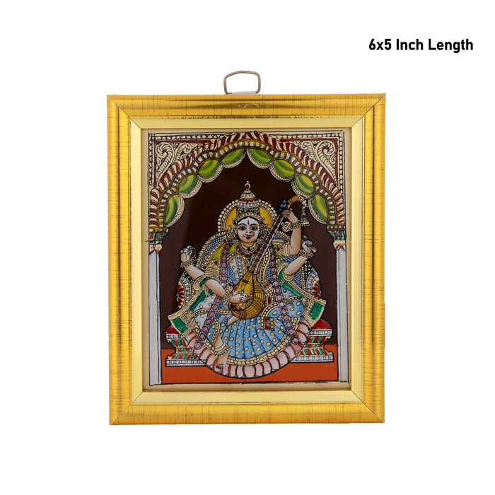 Saraswati Murti Tanjore Glass Painting Photo Frame- 6 X 5 Inches | Thanjavur Glass Painting Wall Picture Frame - Hindu God Photos & Frames