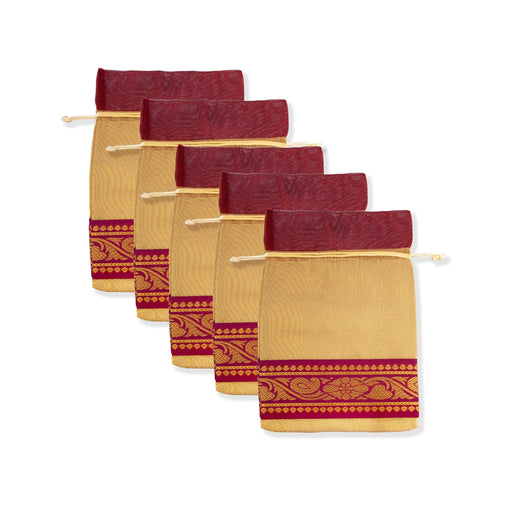 Thambulam Bag Set - 9.5 x 7 Inches | 5 Pcs/ Jari Border Potli Bag/ Return Gift Bag for Women/ Assorted Colour - Bags & Pouches