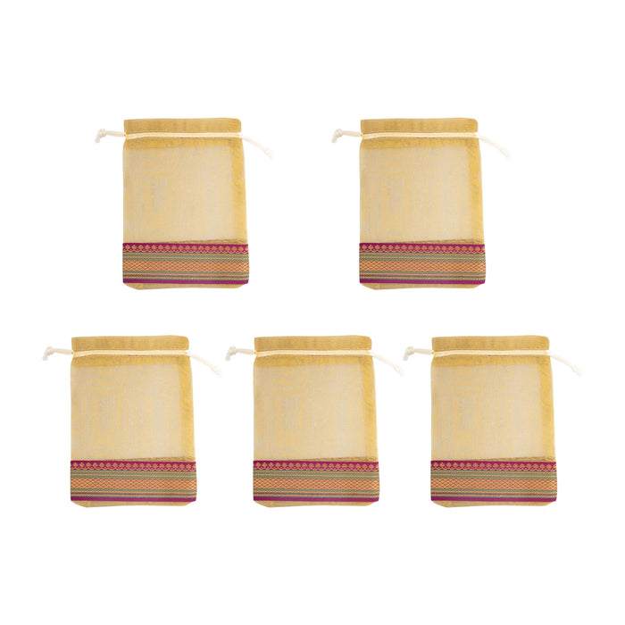 Thamboolam Bag Set - 7 x 5 Inches | 5 Pcs/ Jari Border Design Potli Bag/ Tambula Bag for Wedding/ Assorted Colour - Bags & Pouches