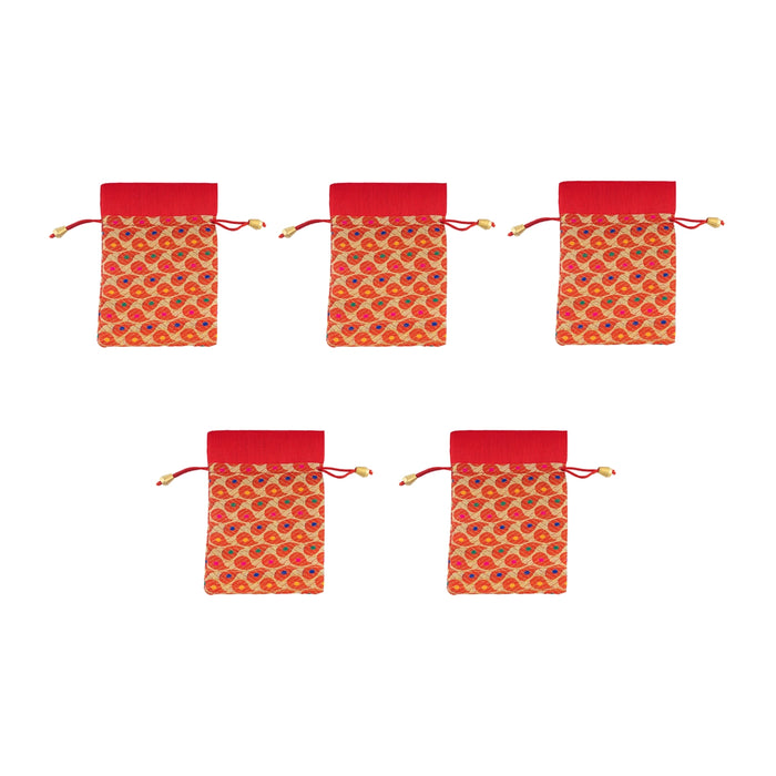 Thamboolam Bag Set - 7 x 5 Inches | 5 Pcs/ Brocade Material Potli Bag/ Tambula Bag for Wedding/ Assorted Colour - Bags & Pouches