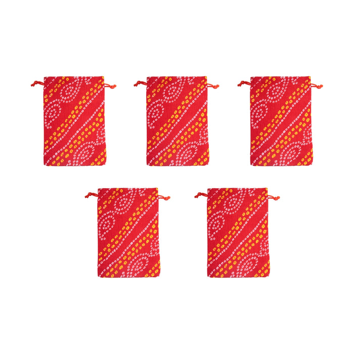 Thamboolam Bag Set - 7 x 5 Inches | 5 Pcs/ Bandhej Material Potli Bag/ Tambula Bag for Wedding/ Assorted Colour - Bags & Pouches