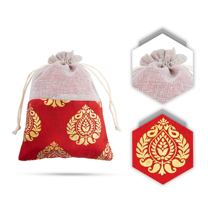 Thamboolam Bag Set - 7 x 5 Inches | 5 Pcs/ Jari With Jute Design Potli Bag/ Tambula Bag for Wedding/ Assorted Colour - Bags & Pouches