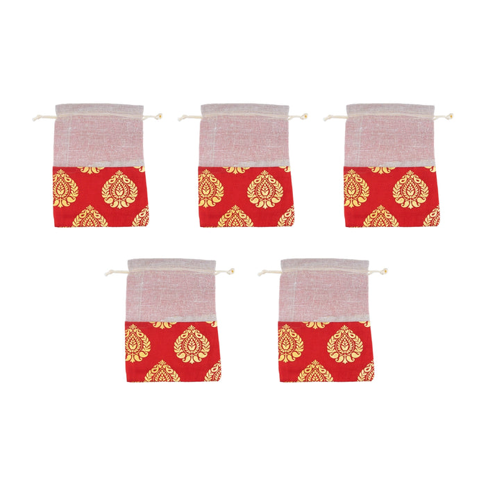 Thamboolam Bag Set - 7 x 5 Inches | 5 Pcs/ Jari With Jute Design Potli Bag/ Tambula Bag for Wedding/ Assorted Colour - Bags & Pouches