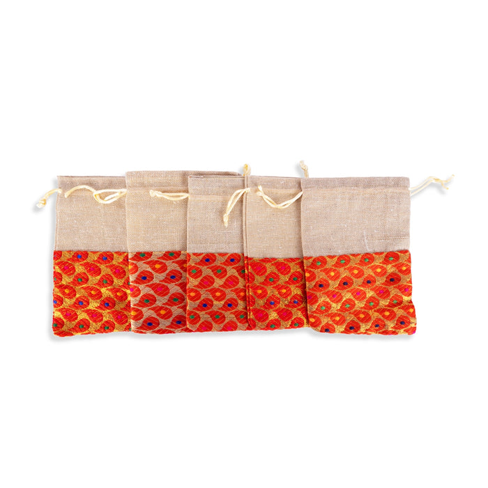 Thamboolam Bag Set - 7 x 5 Inches | 5 Pcs / Brocade Jute Material Potli Bag/ Tambula Bag for Wedding - Bags & Pouches