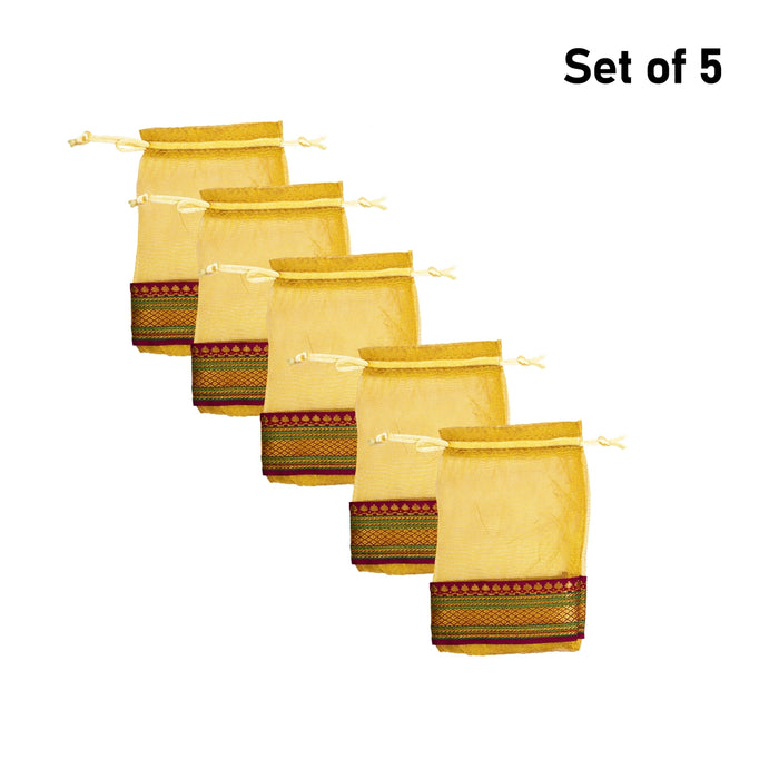 Thamboolam Bag Set - 6 x 4 Inches | 5 Pcs/ Jari Border Design Potli Bag/ Tambula Bag for Wedding