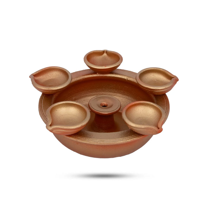 Ganesh Murti with Urli - 6.5 x 9 Inches | 5 Diya Lamp/ Vinayagar Statue with Urli for Pooja - Uruli & Flower Pot