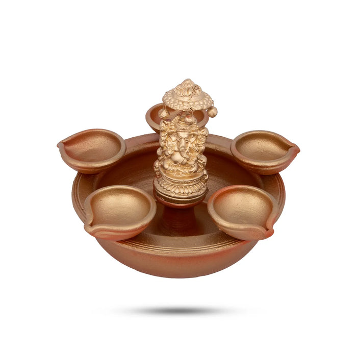 Ganesh Murti with Urli - 6.5 x 9 Inches | 5 Diya Lamp/ Vinayagar Statue with Urli for Pooja - Uruli & Flower Pot