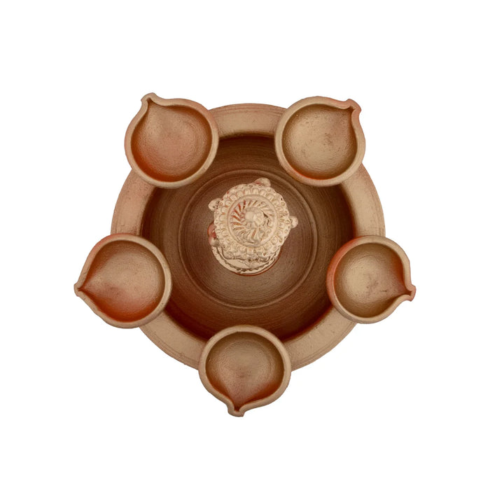 Ganesh Murti with Urli - 6.5 x 9 Inches | 5 Diya Lamp/ Vinayagar Statue with Urli for Pooja - Uruli & Flower Pot