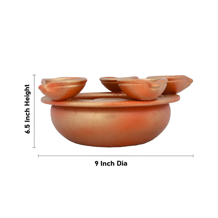 Ganesh Murti with Urli - 6.5 x 9 Inches | 5 Diya Lamp/ Vinayagar Statue with Urli for Pooja - Uruli & Flower Pot